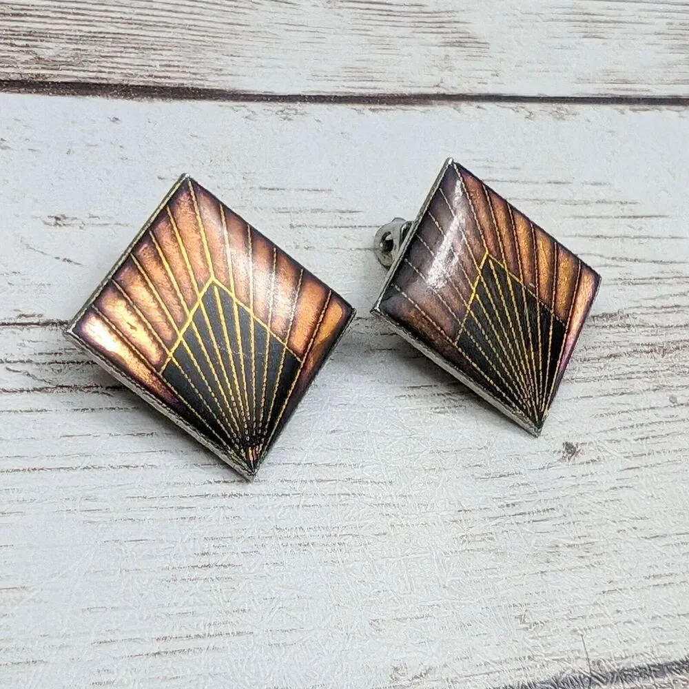 Vintage Clip On Earrings Statement Diamond Shape with Design